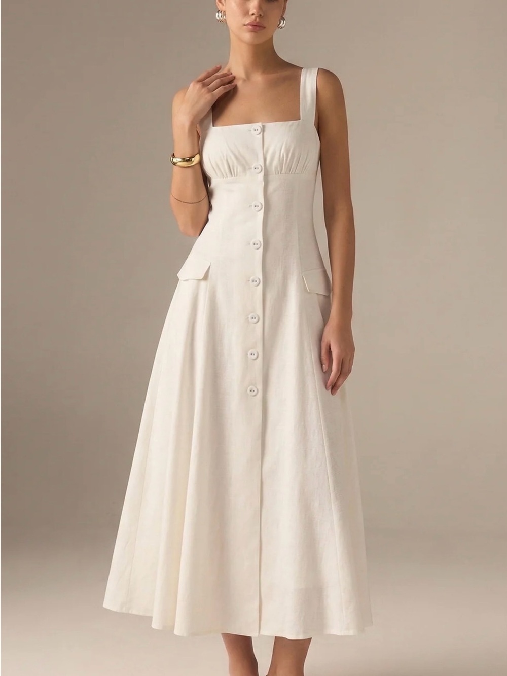 Commense Square-Neck Button-Front Cotton Blend Midi Dress - White